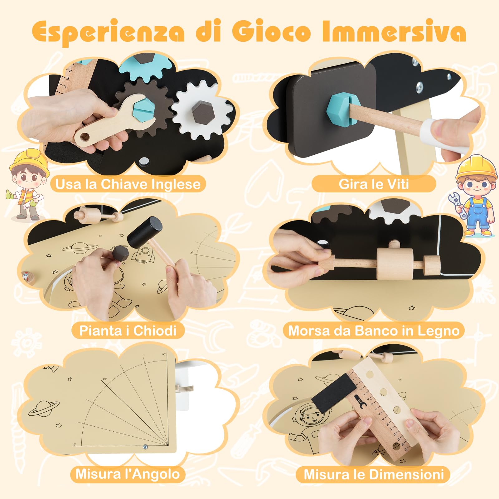 COSTWAY Banco da Lavoro in Legno per Bambini, Set Attrezzi Giocattolo con Martello, Cesello, Chiave Inglese, Ripiani e Ganci per Archivio, Tavolo da Lavoro Giocattolo Officina 3+ Anni