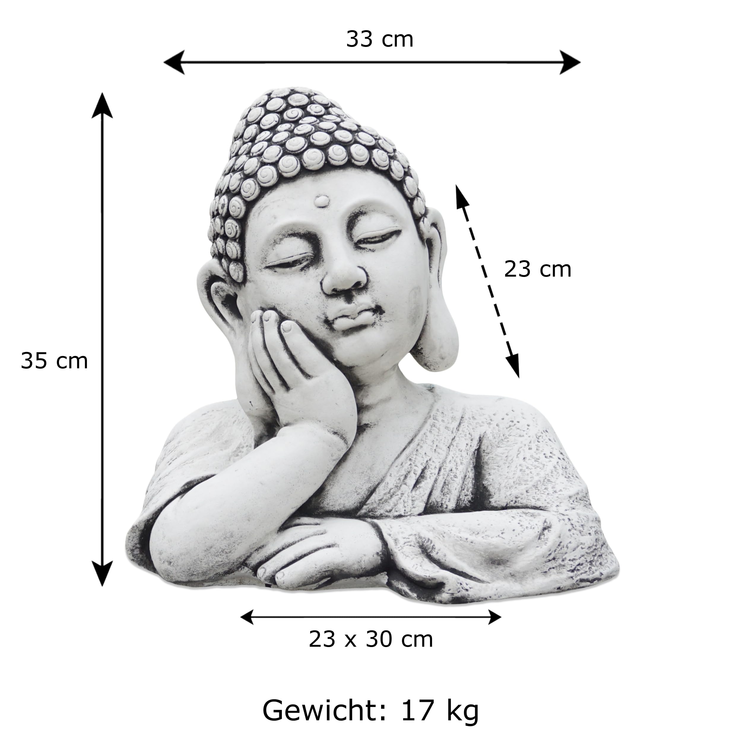 gartendekoparadies.de Buste de Bouddha imposant en pierre, H. 35 cm, 18 kg, gris, résistant au gel, en pierre coulée, pour l'extérieur