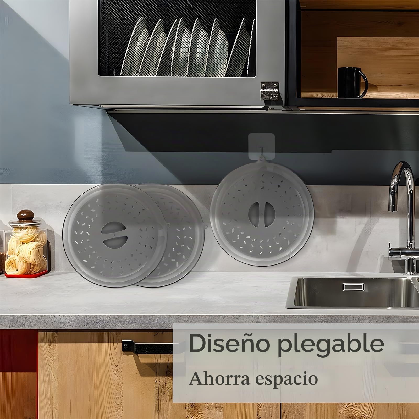 Tapa Microondas Plegable, Libre BPA, Con Asa y Ventilación, Plástico Gris