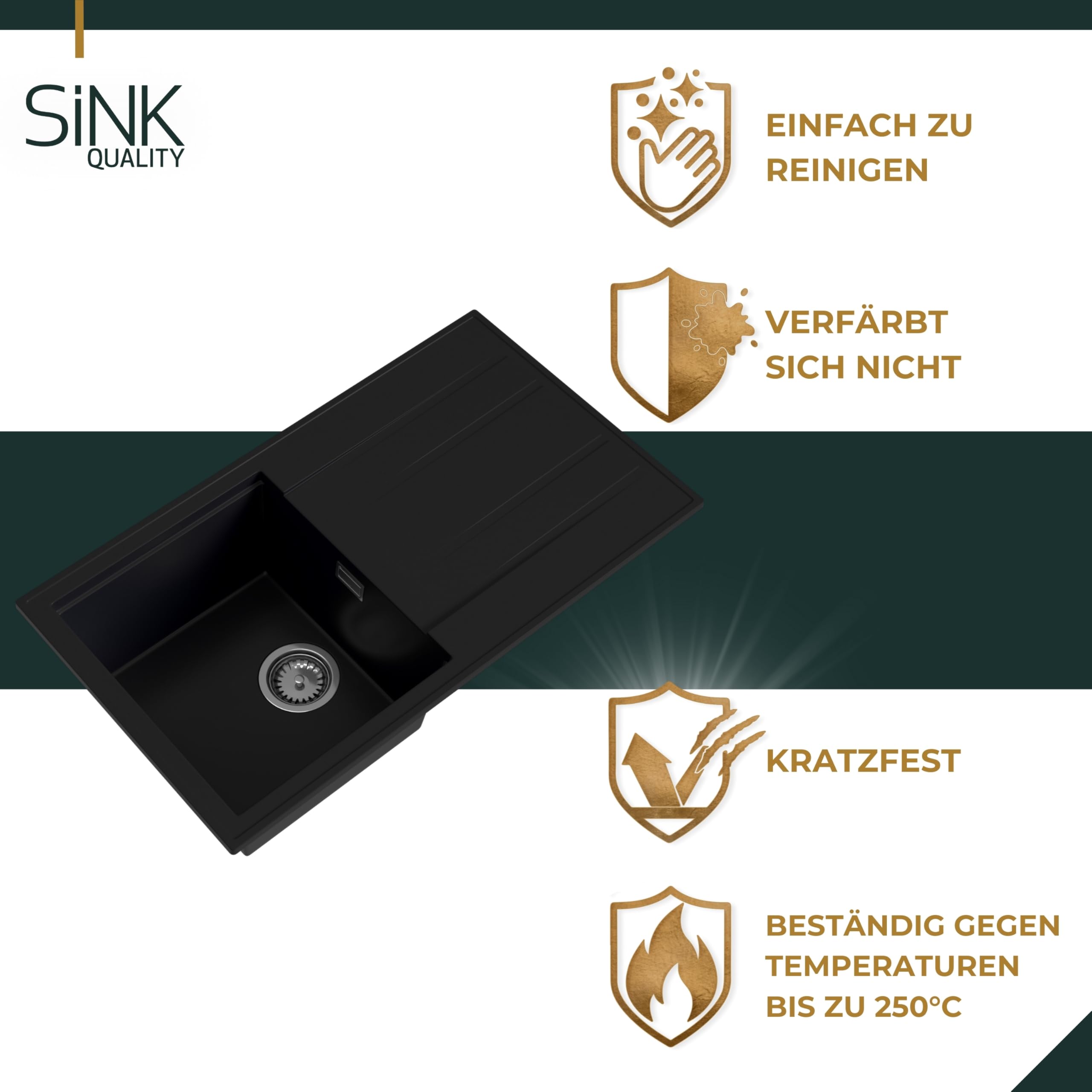 SINK Quality zlewozmywak kuchenny z ociekaczem – zlewozmywak szary 80 x 46 cm – w zestawie syfon i środki impregnujące – zlewozmywak do zabudowy do szafki pod umywalkę 55 – zlewozmywak granitowy szary