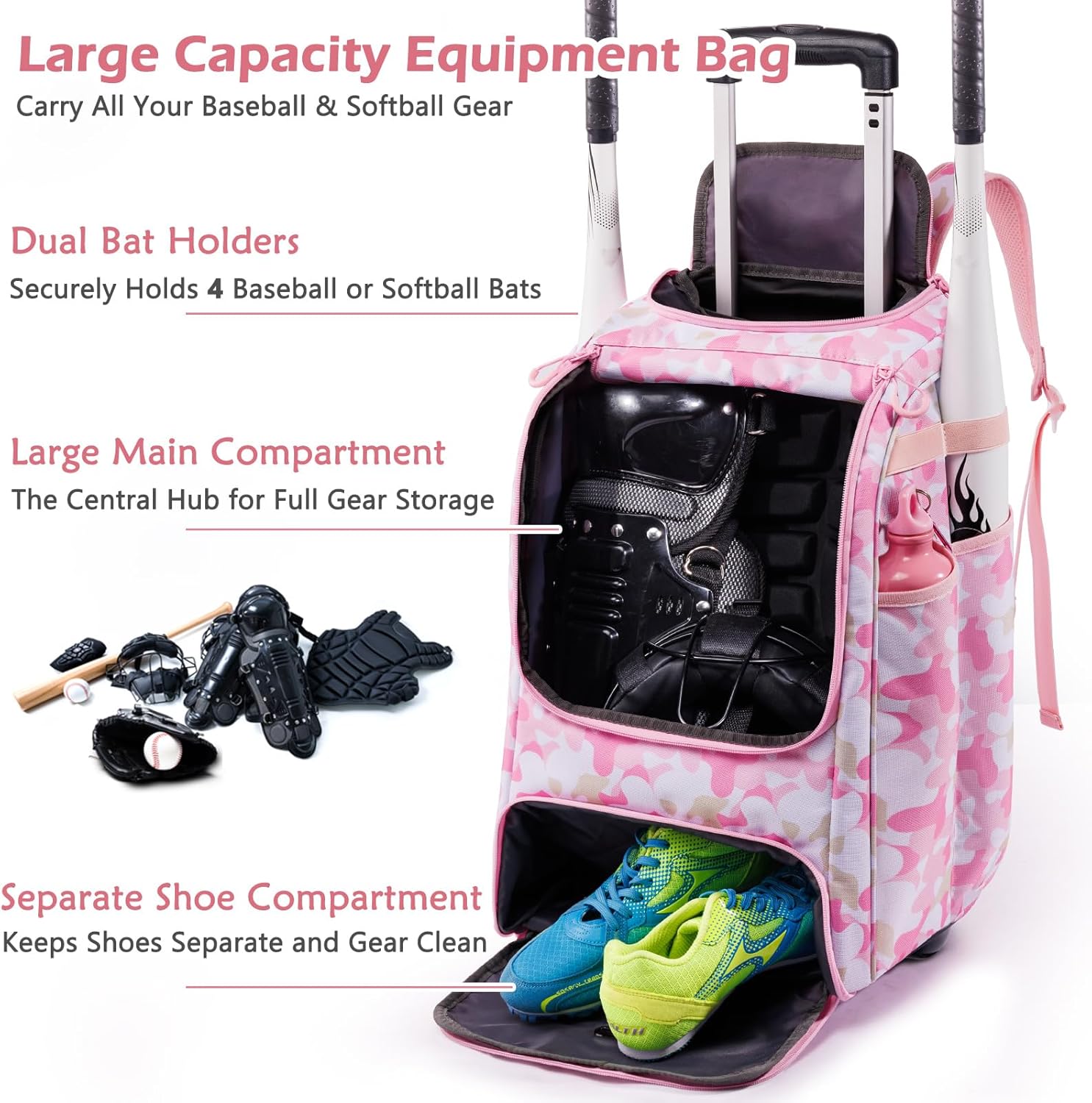 Rolling Baseball Bag with Wheels – 60L Youth Baseball Equipment Bag Holds 4 Bats, Wheeled Baseball Bag with Shoe Compartment & Fence Hook, Rolling Softball Bag for Boys & Girls 8-