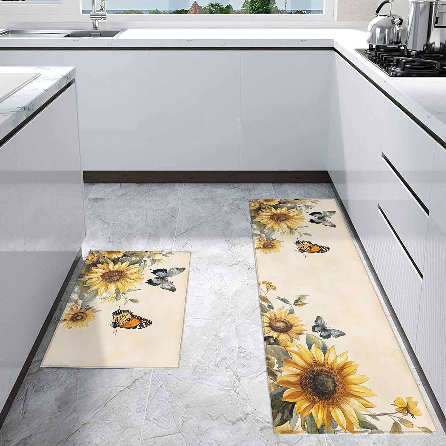 Kitchen Mats for Floor Spring Sunflower Butterfly Washable Non Slip Kitchen Rugs 2PCS, Retro Blossom Floral Plant Absorbent Standing Mats for Sink Bathroom Office Living Room 15.7x23.6in+15.7x47.2in