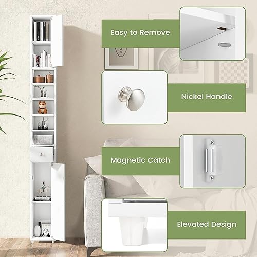 Miniatura 6 de FUTADA - Armario de baño estrecho de 71 pulgadas de alto, moderno almacenamiento blanco con 1 cajón, 2 puertas, 5 estantes abiertos, estantes