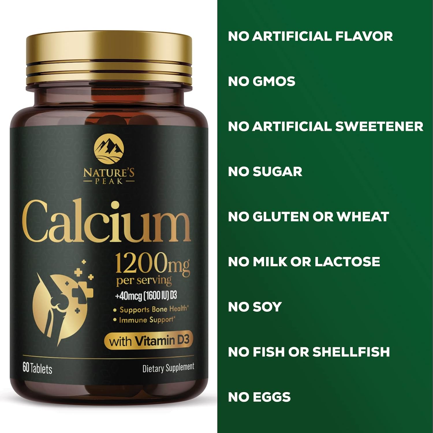 Calcium 1200 mg Plus Vitamin D3, Bone Health & Immune Support - Nature's Calcium Supplement with Extra Strength Vitamin D for Extra Strength Carbonate Absorption Dietary Supplement - 60 Tablets