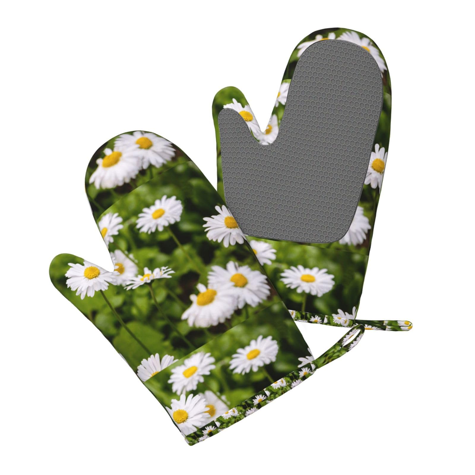 Juego de Cuatro Piezas de Guantes y Manoplas Resistentes al Calor para Hornear, Guantes de Cocina Antideslizantes, Manoplas para Horno de Cocina, con Estampado de Margaritas Brillantes.
