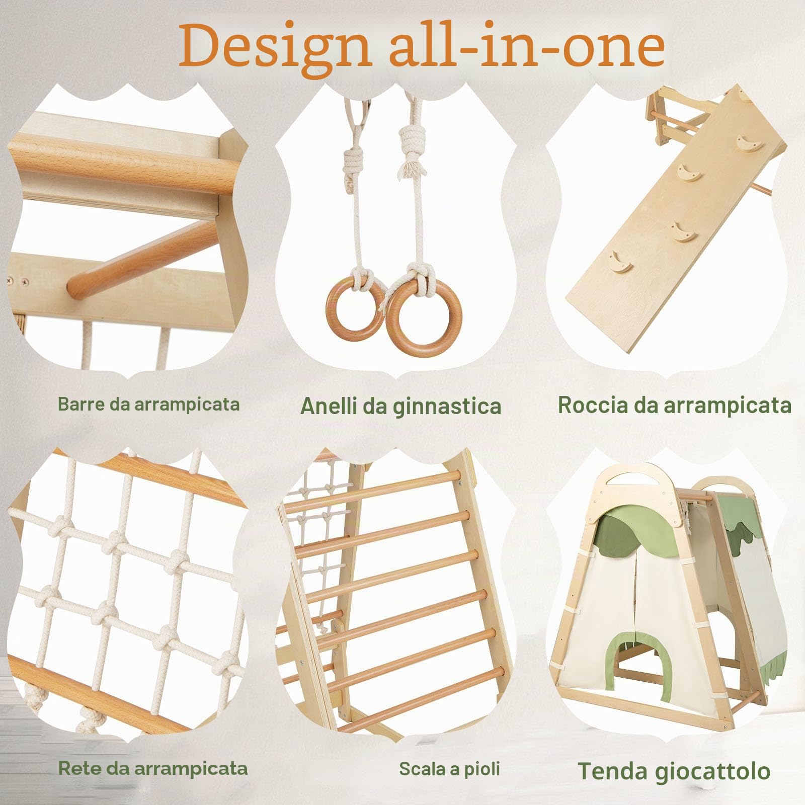 LIFEZEAL 6 in 1 Arrampicata con Scivolo Rete Scaletta e Anelli per Bambini, Triangolo Struttura da Arrampicata in Legno Sicuro e Divertente, Casetta Parco Giochi Stabile per Bimbi 3 Anno+