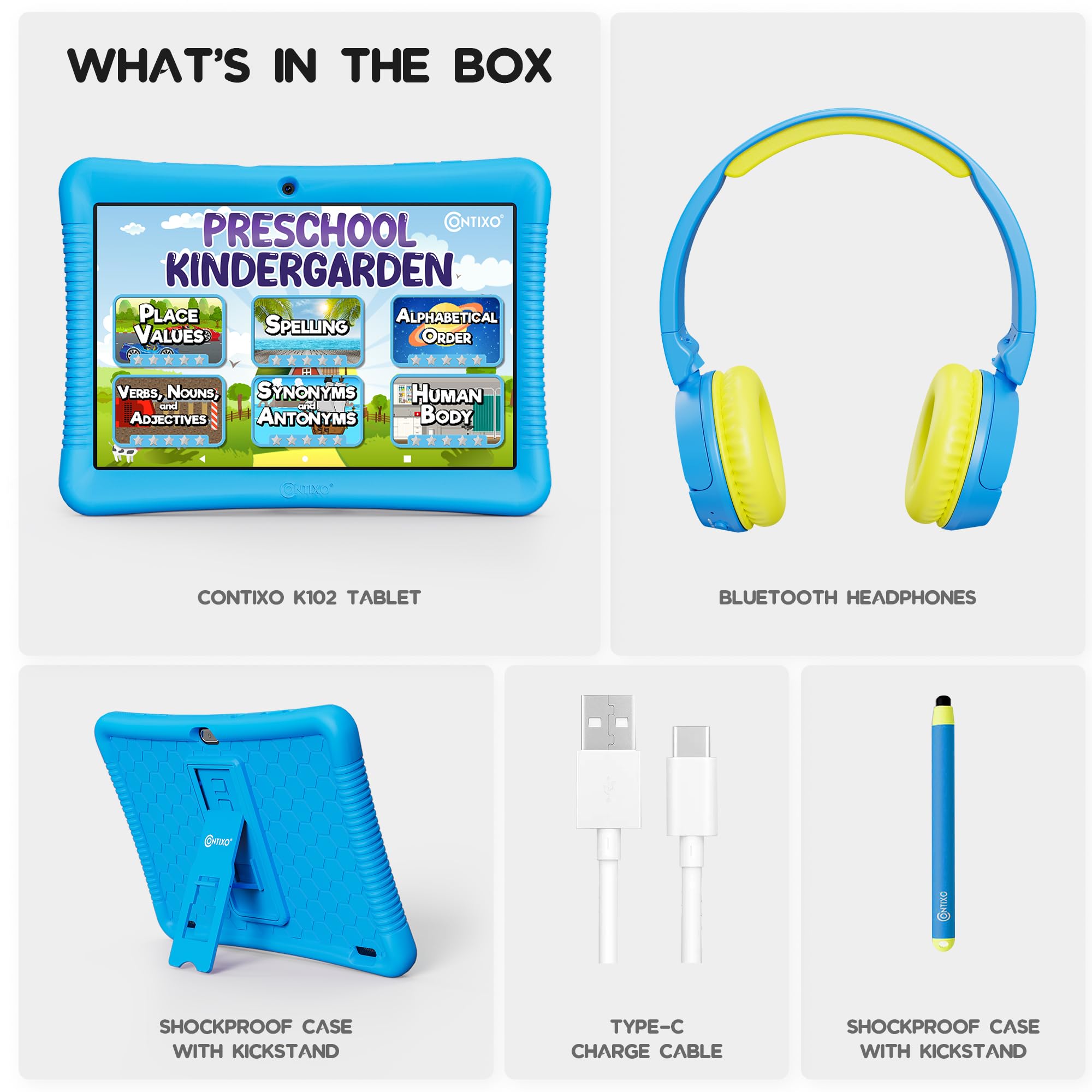 Contixo Tablet per bambini da 10 pollici con pacchetto cuffie - K103 Tablet per bambini, oltre 80 e-book e adesivi Disney (valore $350), 32 GB di archiviazione, 3 GB di RAM, Bluetooth, controllo