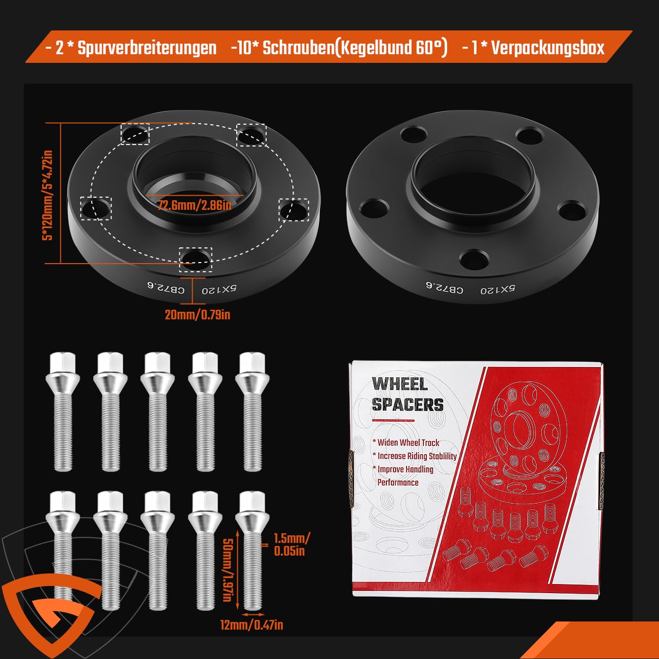 2 Stück 20mm Spurverbreiterung Distanzscheiben Set Ø72,6 5x120mm mit 10 Stück Radschrauben M12x1,5 Kompatibel mit BMW E36 E46 E90 E92 E60 318i 323i 325i 328i 330i 335i 525i 545i