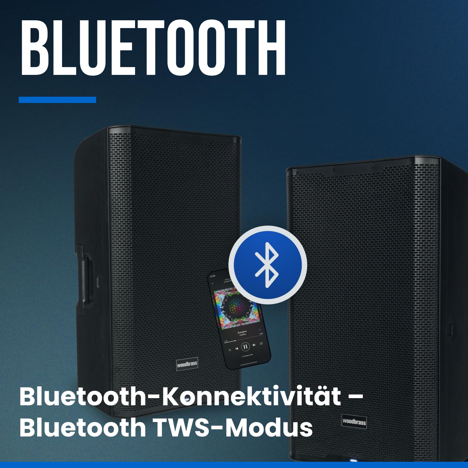 WOODBRASS DXPRO 15 Aktiv-Lautsprecher, verstärkt, leistungsstark, Bluetooth, 38,1 cm (15 Zoll) – Klasse D 125 dB – robust, tragbar, 3 Eingänge, kabellos, DSP – DJ, Konferenz, Konzert