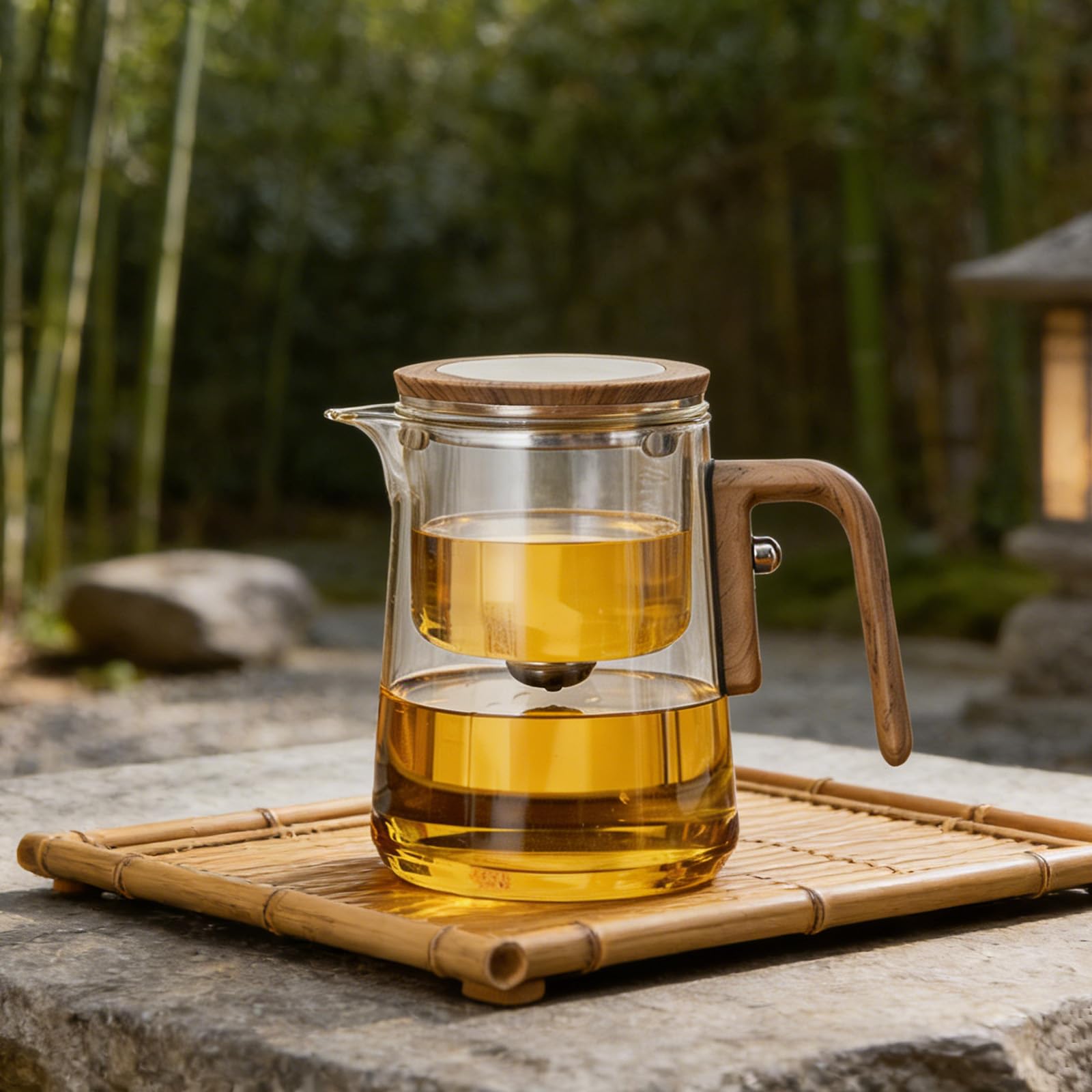 Théière Magique en Verre avec Séparation d'eau,Theiere en Verre Borosilicate avec Infuseur,théière pour Thé en Feuilles manche en bois de noyer,cadeaux pour les amateurs de thé (800, Millilitres)