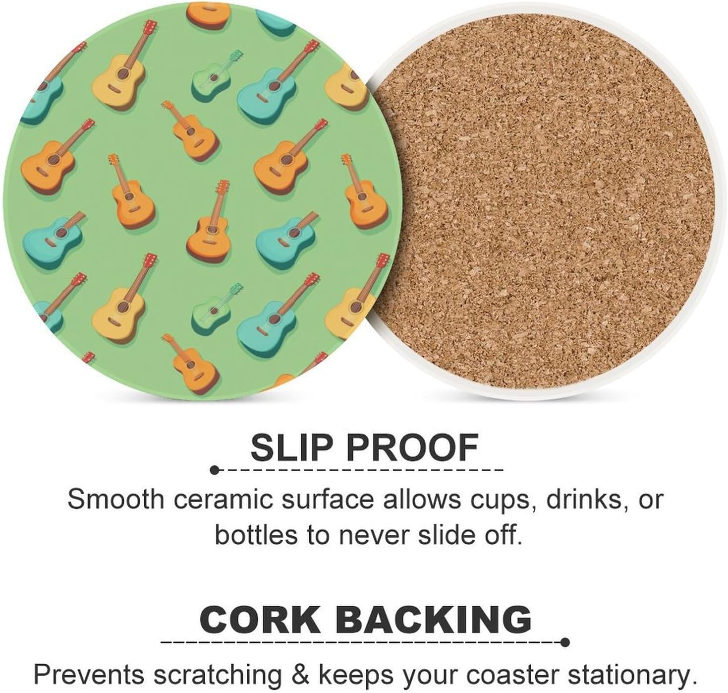 Colorful Guitars Round Ceramic Coasters for Drinks Absorbent Cup Holder Tabletop Protector with Cork Base