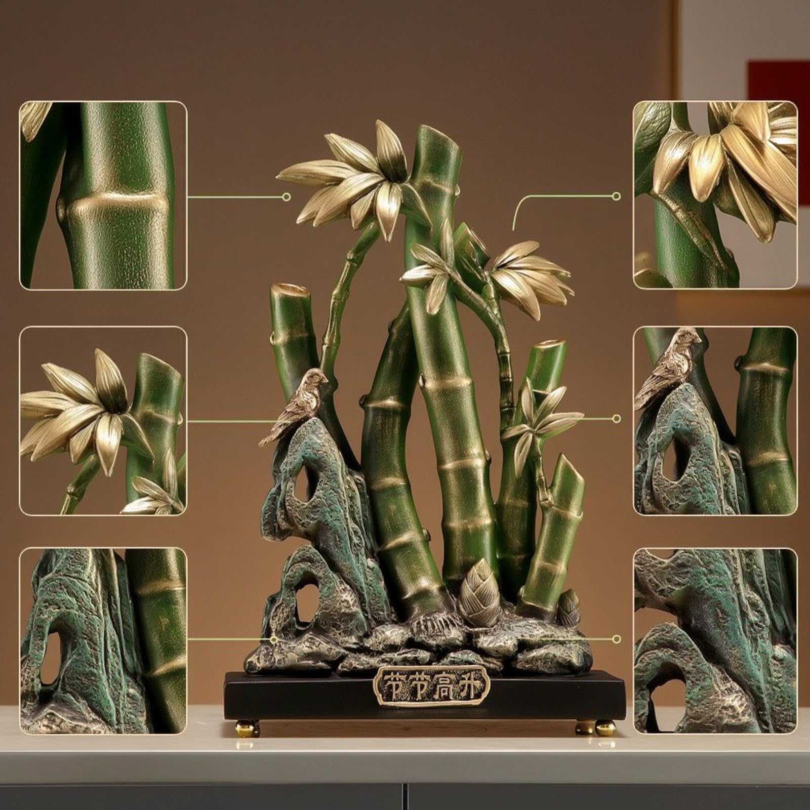 Escultura Bambú con Pájaro Exquisita Figura Pájaro Resina Figura con Base para Recibidor, Oficina