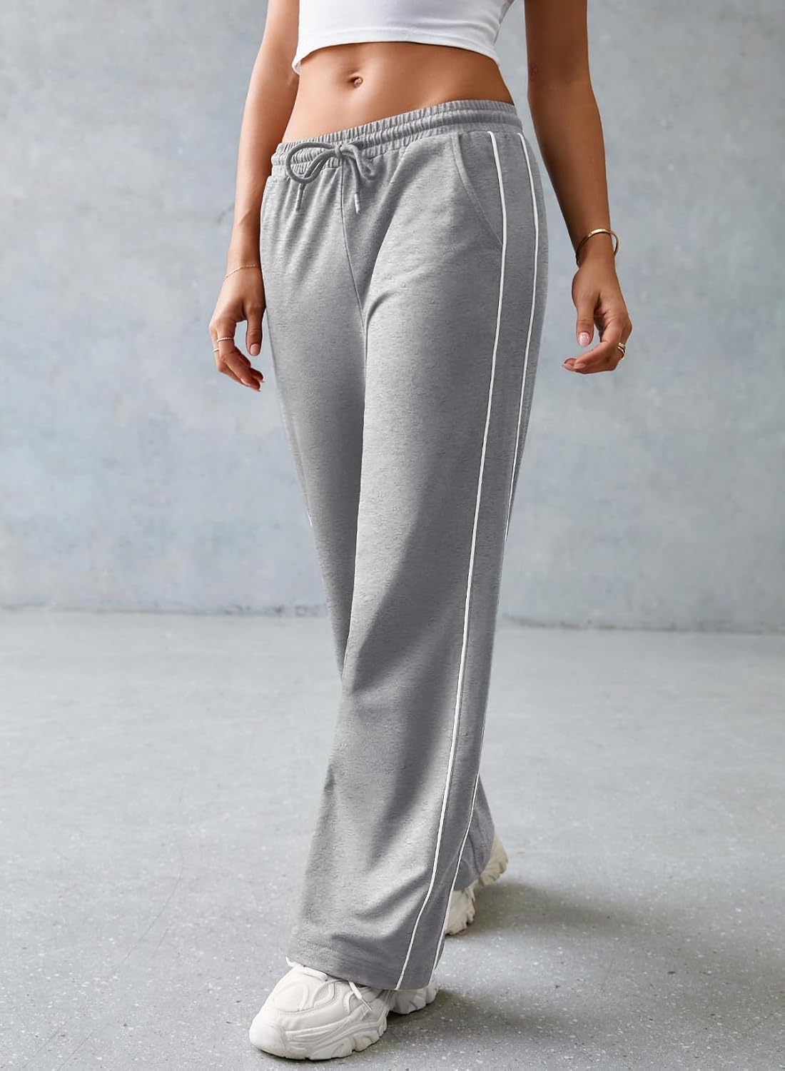 Herseas Women's 2 Side Stripes Sweatpants Wide Leg Pants Casual Drawstring Lounge Pants - Image 2