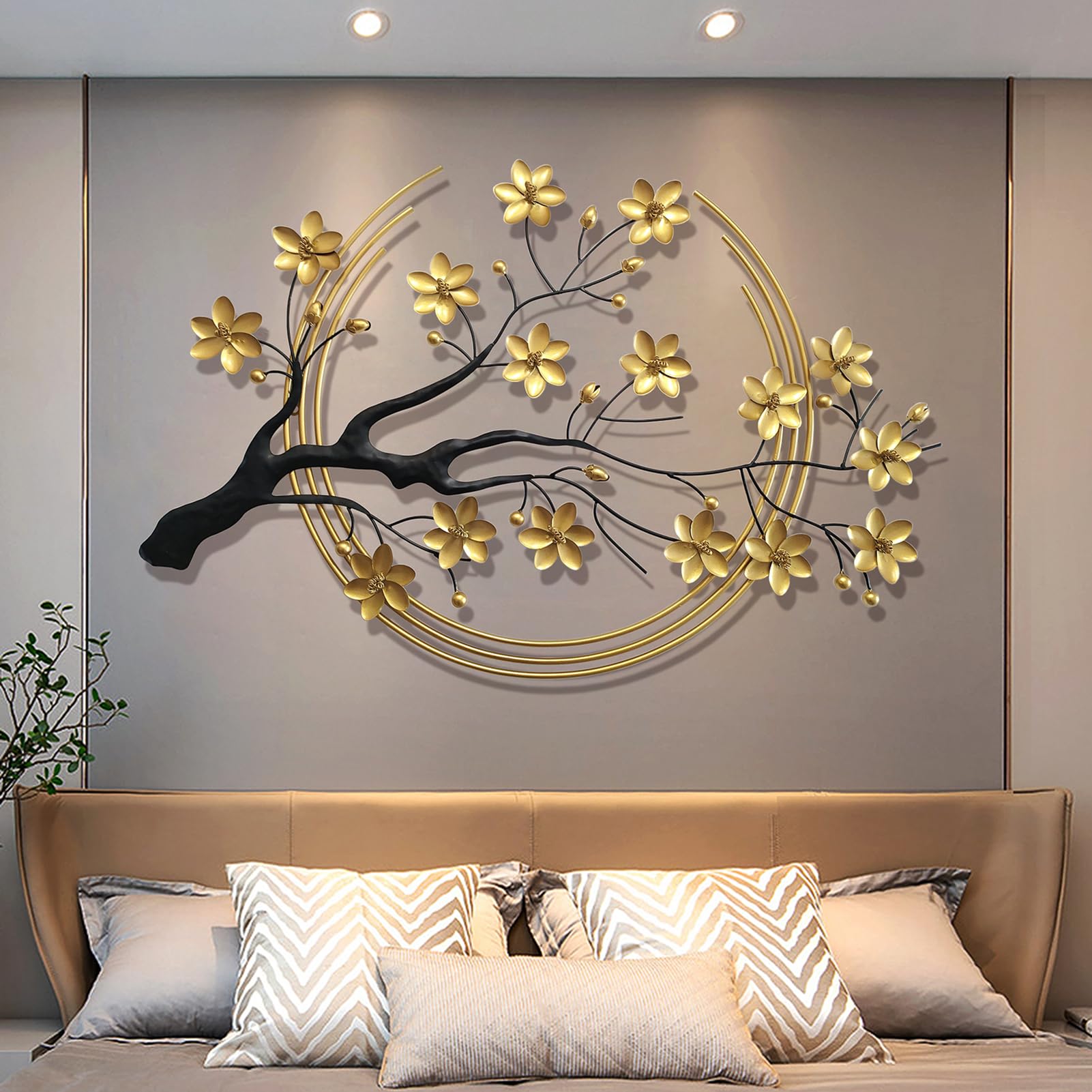 Ainydie Lujo Adornos de Pared de Flores Doradas de Metal, Modernos Decoración de Pared Escultura de Metal Hecho a Mano, Ornamento Colgante de Pared para el Hogar Oficina Dormitorio Salón
