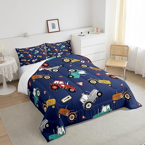 Miniatura 4 de Erosebridal Juego de edredón para niños, juego de ropa de cama de camión de dibujos animados, diseño de tractores arcoíris, color verde azulado,