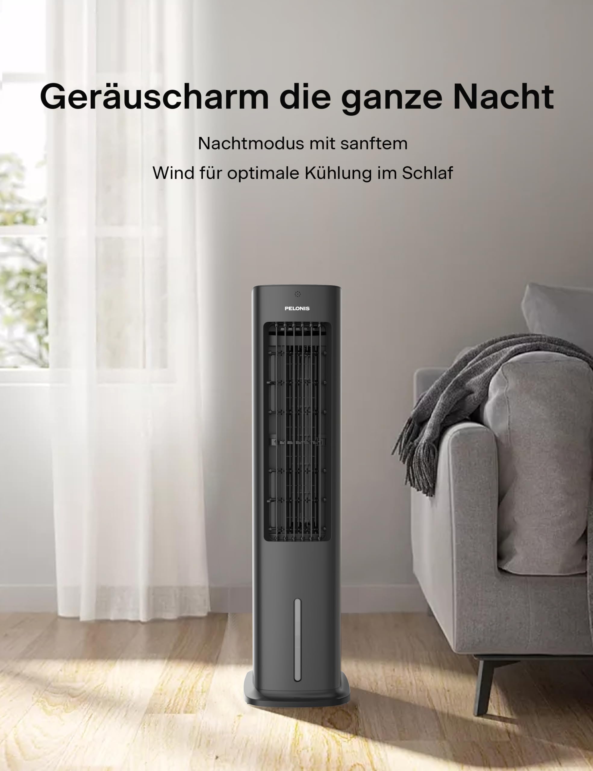 PELONIS 5L Verdunstungskühler mit Fernbedienung, 3-in-1 Tragbarer Luftkühler, Ventilator, Luftbefeuchter, Automatische Oszillation, 3 Stufen Timer 7H, 2 Kühlpads