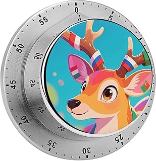 Mechanical Kitchen Timer - Colorful Deer and National Flag 60 Minute Wind Up Countdown Clock with Magnetic Back, Loud Alarm Stainless Steel Manual Timer for Cooking Baking Classroom Home Gym