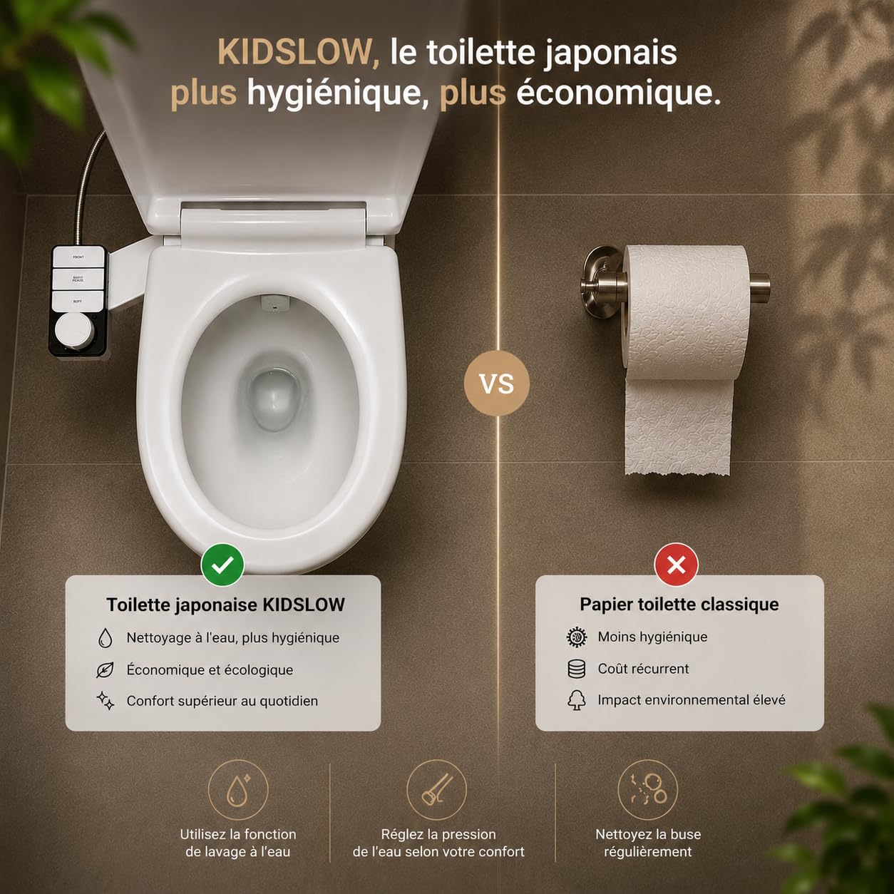 Toilette Japonaise – Kit Bidet WC Japonais Sans Électricité – Double Buse Avant/Arrière Autonettoyante – Bidet Toilette Pression Réglable – Abattant WC lavant hygiène intime facile à installer