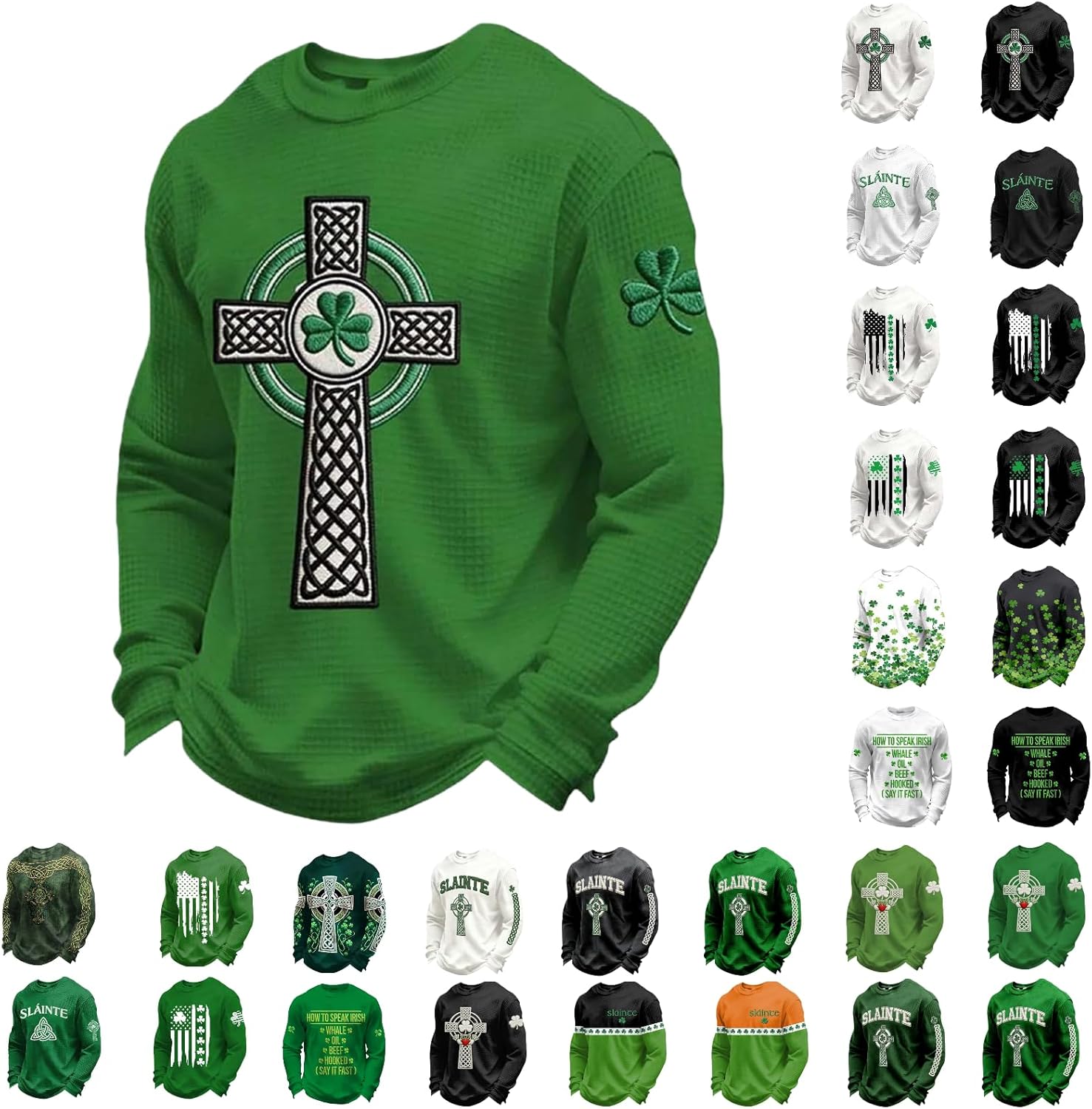 St Patricks Day Shirt Men Saint Sweatshirt Funny Irish Waffle Long Sleeve Dress Crewneck Shirts Shamrock Sweater Outfits