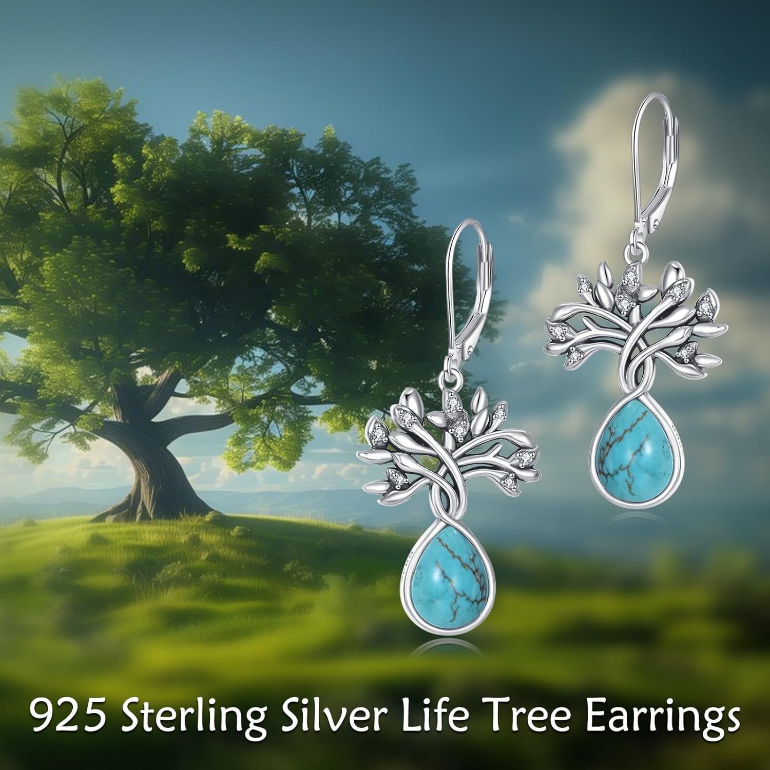 Turquoise Owl/Dragonfly/Hummingbird/Tree of Life Dangle Earrings 925 Sterling Natural Turquoise Leverback Earrings Jewelry Gift For Women - Image 2