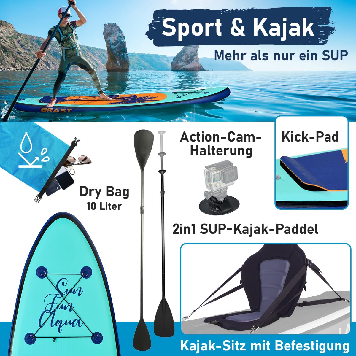 BRAST SUP Board Tropic | Aufblasbares Stand up Paddle Set | 320x81x15cm | 5 Designs | 5 Jahre Garantie | inkl. Sonderzubehör | 2in1 Paddel Kajak-Sitz Action-Cam-Halterung Fußschlaufe Pumpe Rucksack
