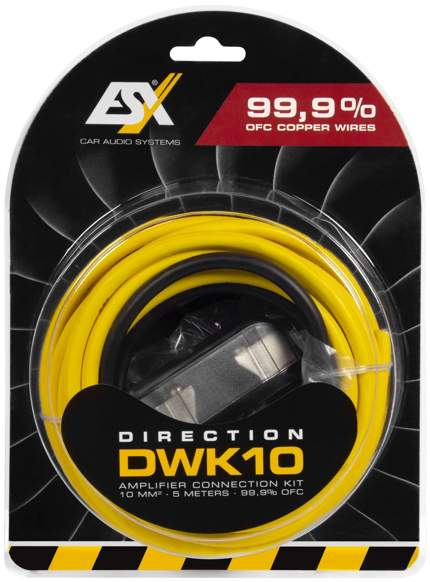 ESX DWK 10 - zestaw kabli PEŁNA MIEDŹ 10 mm² z bezpiecznikiem Mini-ANL | 5 m