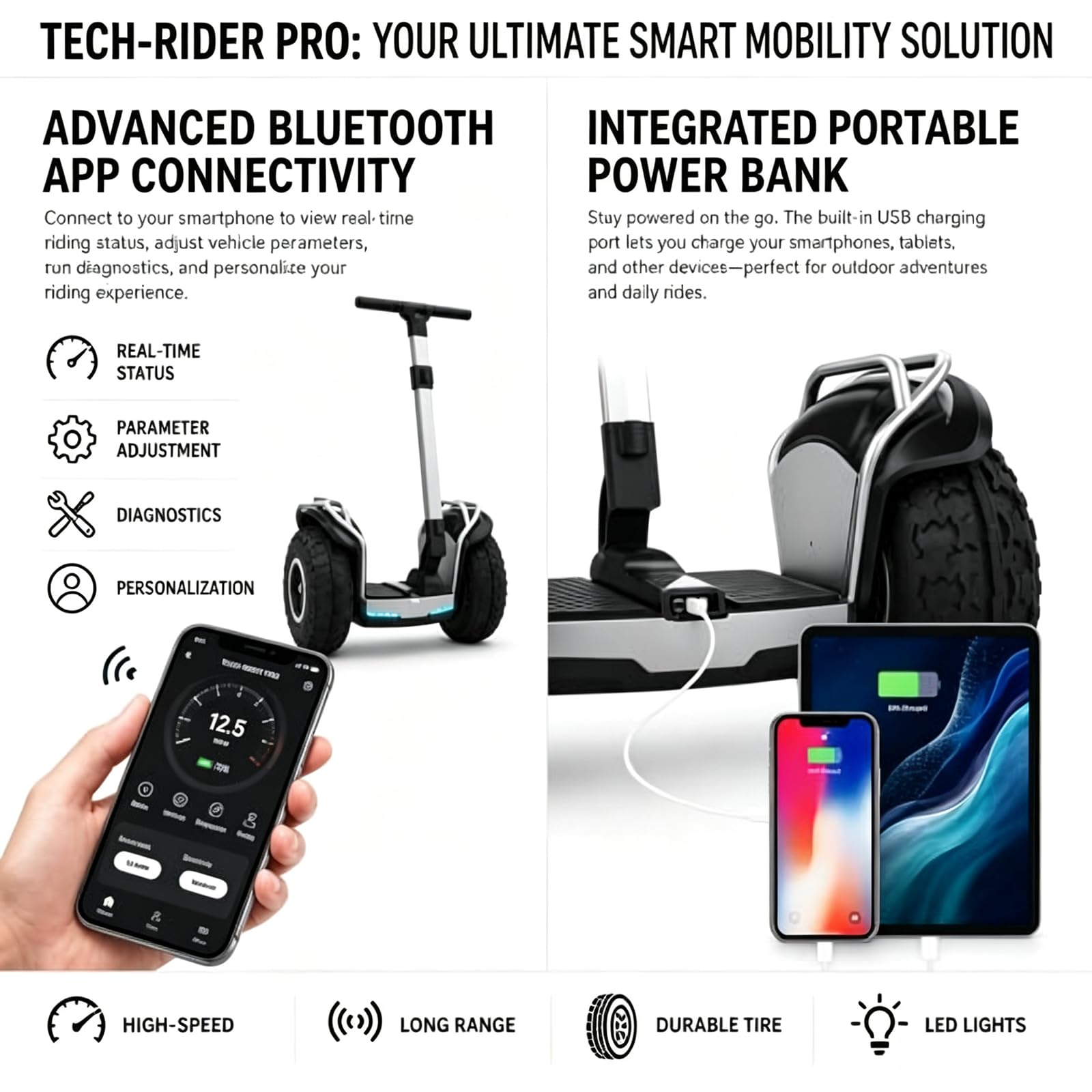 Scooter Auto-Équilibré pour Adultes, Véhicule Tout-Terrain De 19 Pouces, Autonomie De 45km, Étanche Ip54, Écran OLED, Capacité De Charge De 150kg, avec Lumières LED Et Double Moteur Grey