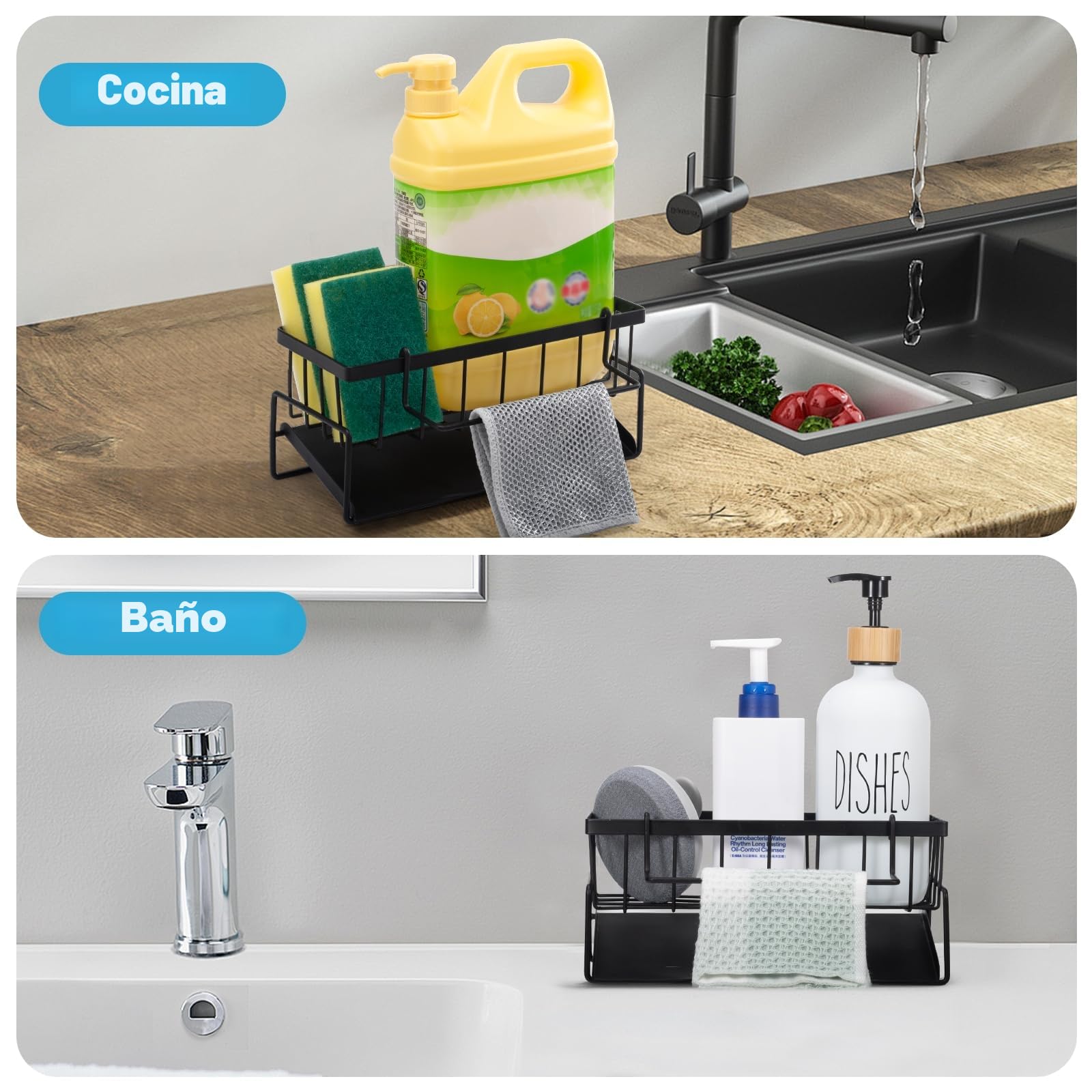 Caja de almacenamiento para fregadero de cocina, organizador para fregadero, estante de almacenamiento multifuncional, color negro, adecuado para almacenamiento de cocina y baño