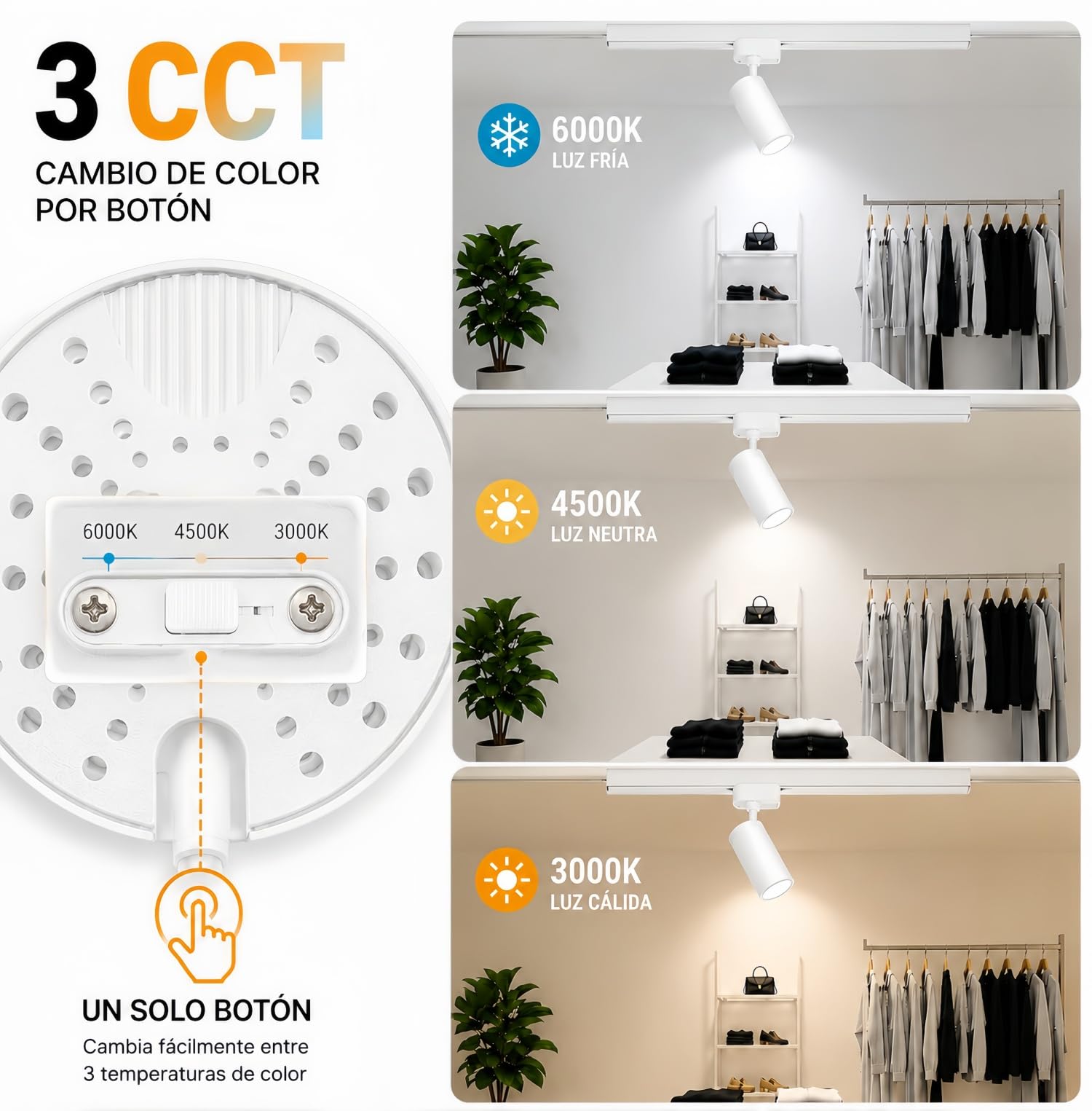 ONSSI® Foco LED para Carril Monofásico de 2 Hilos 35W COB 3150 lm, CCT Regulable 3000K/4500K/6000K,Ángulo 36°, Rotación 360°/90°, Blanco,Ideal para Tiendas, Galerías y Hogar