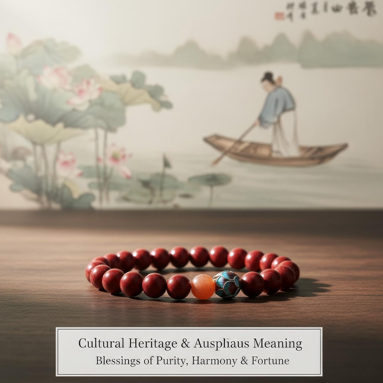 Cinnabar Lotus Bracelet for Women, Feng Shui Spiritual Jewelry, Beaded Stretch Good Luck Amulet with Sunstone Accent. - Image 6