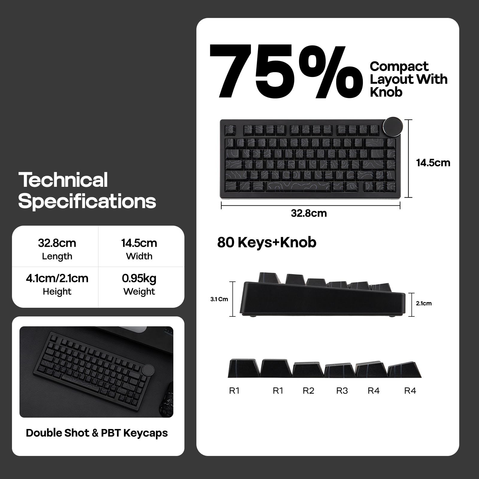 EPOMAKER AJAZZ AK820 V2 Tastiera da Gaming Meccanica Tri-Mode, Grande Manopola Personalizzabile, 2.4GHz/BT Wireless, 81 Tasti, Hot-Swap, Tasti in PBT, Layout 75% (Nero, Switch Crema di Cocco)