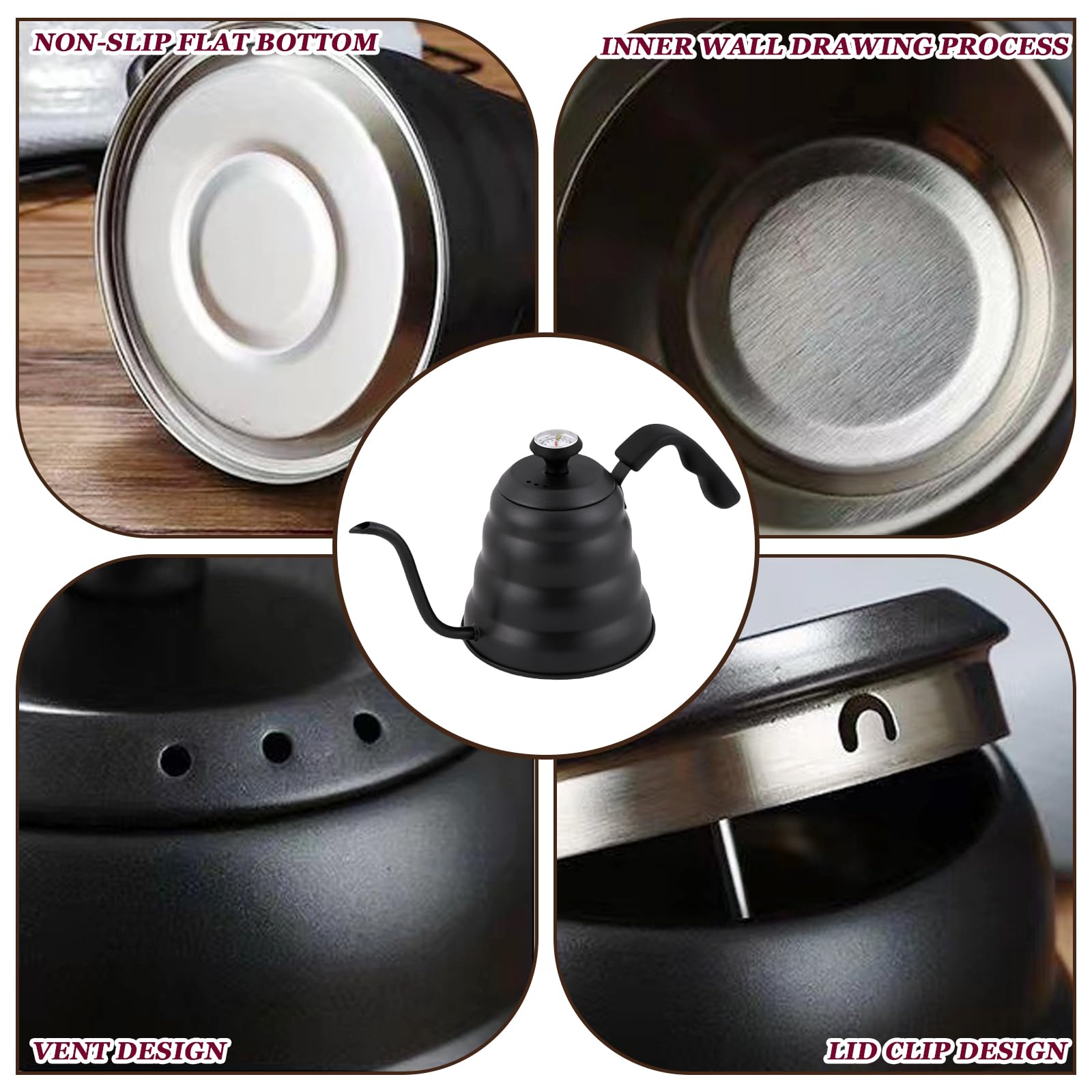 Aicharynic Bollitore a collo di cigno, 1200 ml/40 oz in acciaio inox, bollitore a collo di cigno con termometro per tutti i tipi di fornelli per un rapido riscaldamento dell'acqua, nero
