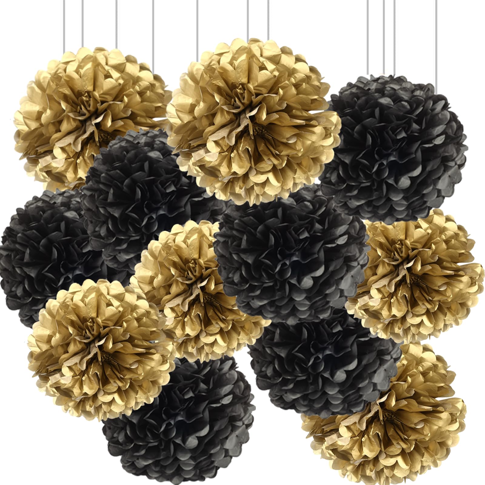 Black Gold Paper Pom Poms for Wedding Birthday Black Gold Party Decoration - Ceiling Wall Hanging Tissue Flowers - 12pcs 2 Colors of 12 Inch 10 Inch
