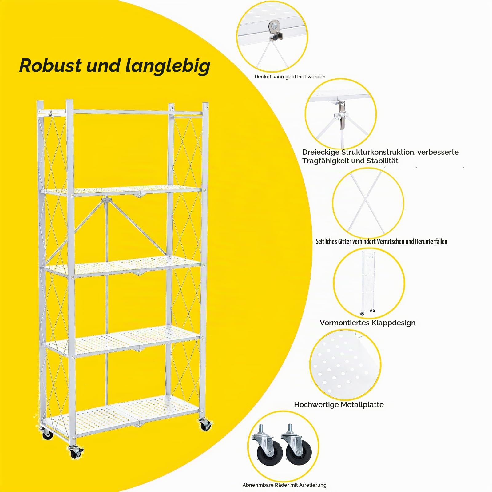 BRIAN & DANY Klappbares Regal mit Rollen, 5 Etagen Faltbare Schwerlastregal, Metallregal Weiß, Lagerregal, Klappregal für die Küche, Büro, 65x 33x 150 cm