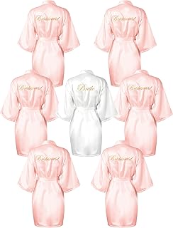 Geyoga 7 Pcs Bridesmaids Satin Robes Silky Bride Kimono Bathrobe Sleepwear for Wedding(White, Pink,XXL)