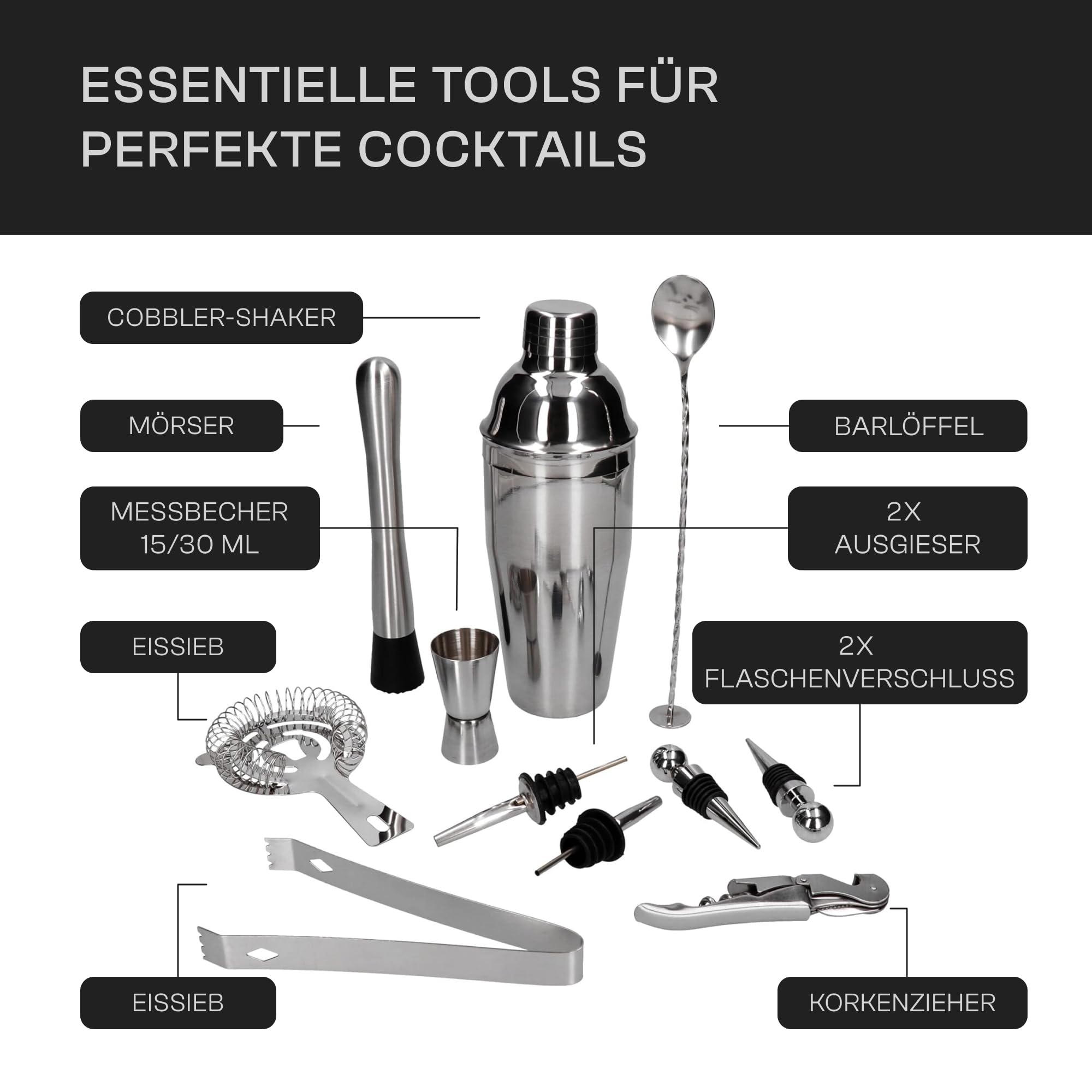 Zestaw barmański 12 el z okrągłą podstawką srebrny shaker Cobbler