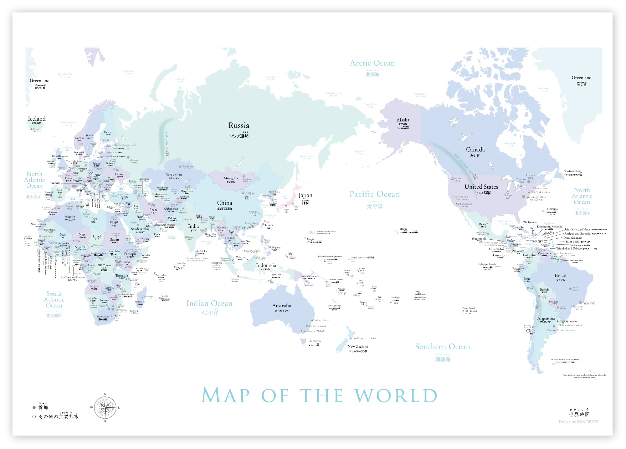 Amazon | さわやかなパステル調の世界地図 (A1) 日本語＋英語表記