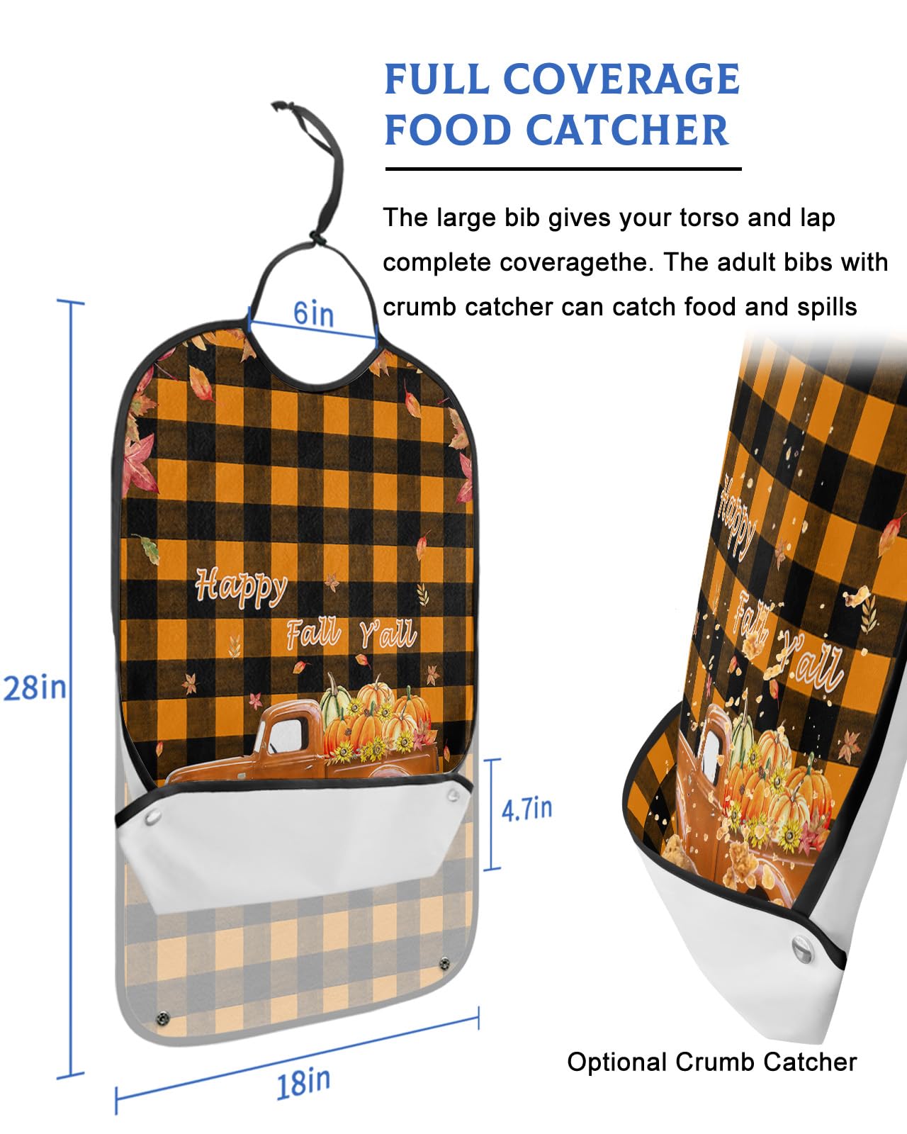 Thanksgiving Pumpkin Truck Adult Bibs for Eating, Waterproof Bibs with Food Catcher & Adjustable Snap Closure, Orange Black Plaid Leaves Washable Clothing Protectors Adult Bibs for Elderly Women/Men