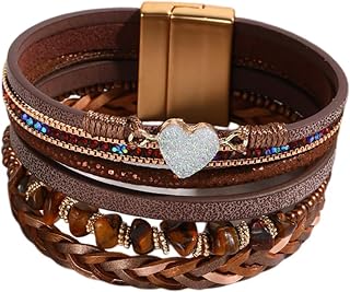 KunBead Sparkly Heart Leather Wrap Bracelet for Women - Handmade Boho Braided Multilayer Cuff Bangle
