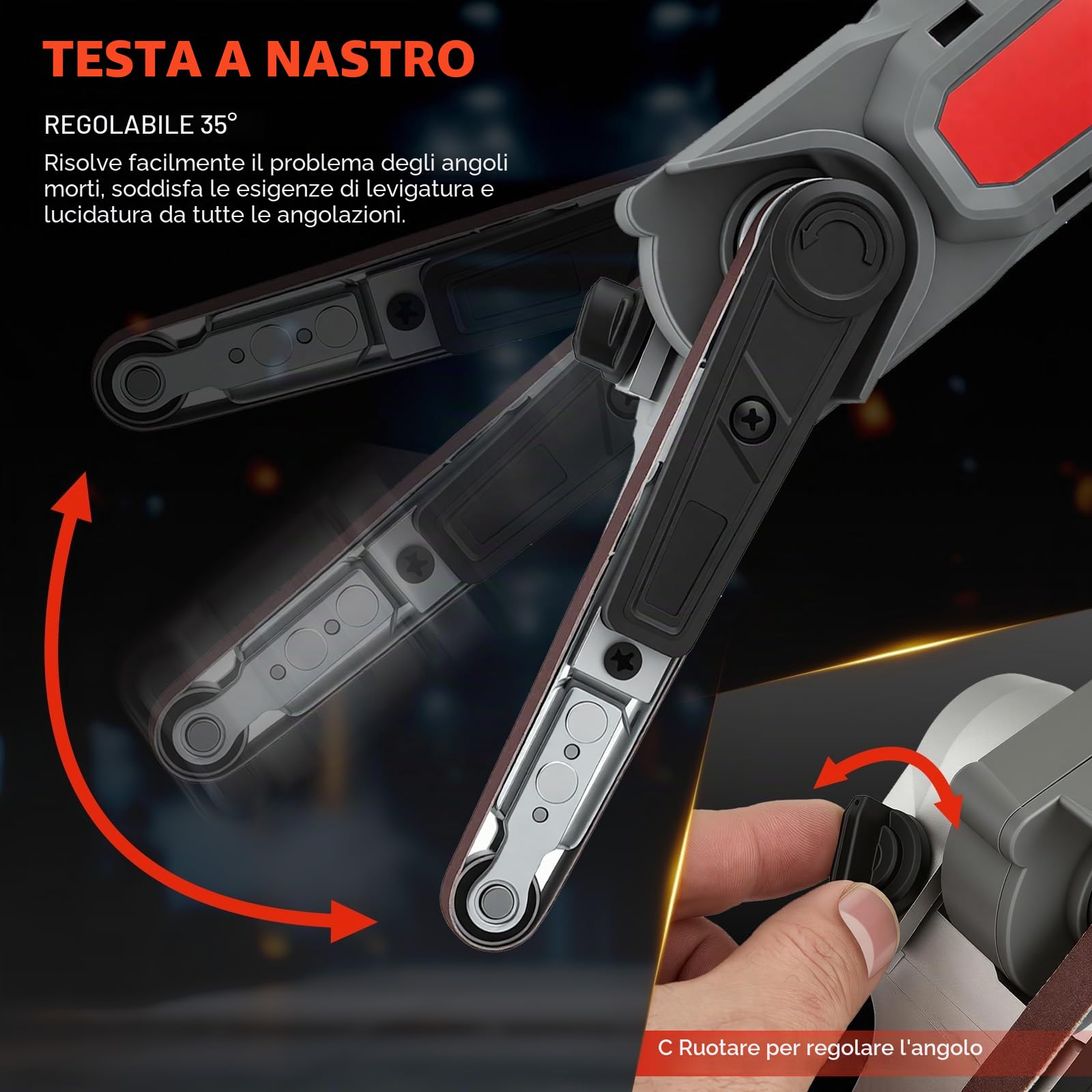 Levigatrice a nastro a batteria compatibile con Ma-kita 18V, lima a nastro senza spazzole con bracci di levigatura da 10 mm 16 nastri abrasivi 6 livelli di velocità e nastro abrasivo orientabile a 35°