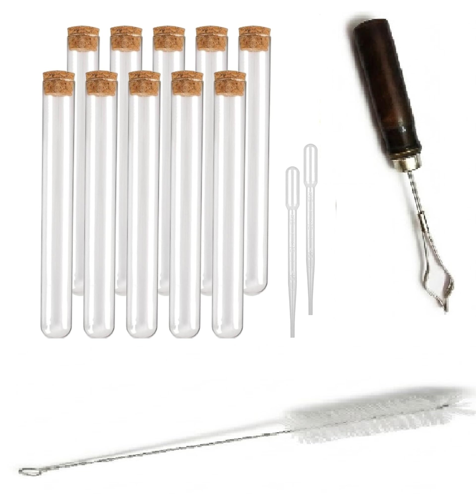 Glass Test Tube Kit with Cork Stoppers (10pcs), Test Tube Holder, Cleaning Brush & Plastic Pipette Droppers (4pcs)| Laboratory Equipment for School College Science Experiments & DIY-image-9