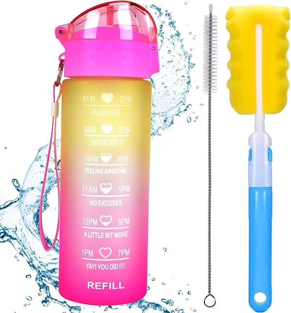 XACIOA 18oz Water Bottle with Straw&Time Markings,Leakproof BPA Free,Ensure You Drink Enough Water Throughout The Day for Fitness and Outdoor Enthusiasts,With Straw and Brush