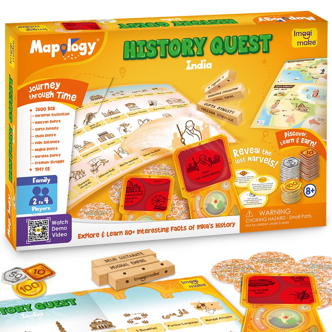 Imagimake Mapology History Quest – India |Historical Board Game |Explore 8 ERAS of Indian History with Discovery Lenses, Artefact Tokens, Ancient Dice |Educational Toy |Birthday Gift for Girls & Boys Imagimake Mapology History Quest – India |Historical Board Game |Explore 8 ERAS of Indian History with Discovery Lenses, Artefact Tokens, Ancient Dice |Educational Toy |Birthday Gift for Girls & Boys