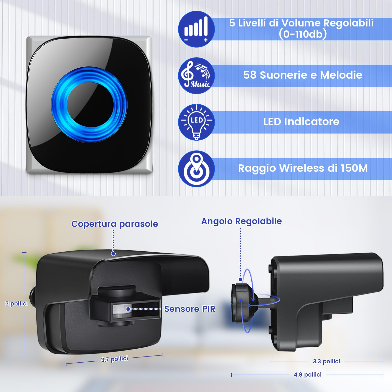 Allarme vialetto, rilevatore di movimento wireless PHYSEN, portata 150 piedi, allarme antintrusione impermeabile, 1 rilevatore PIR e 1 ricevitore plug-in, 58 suonerie per casa/cortile/garage