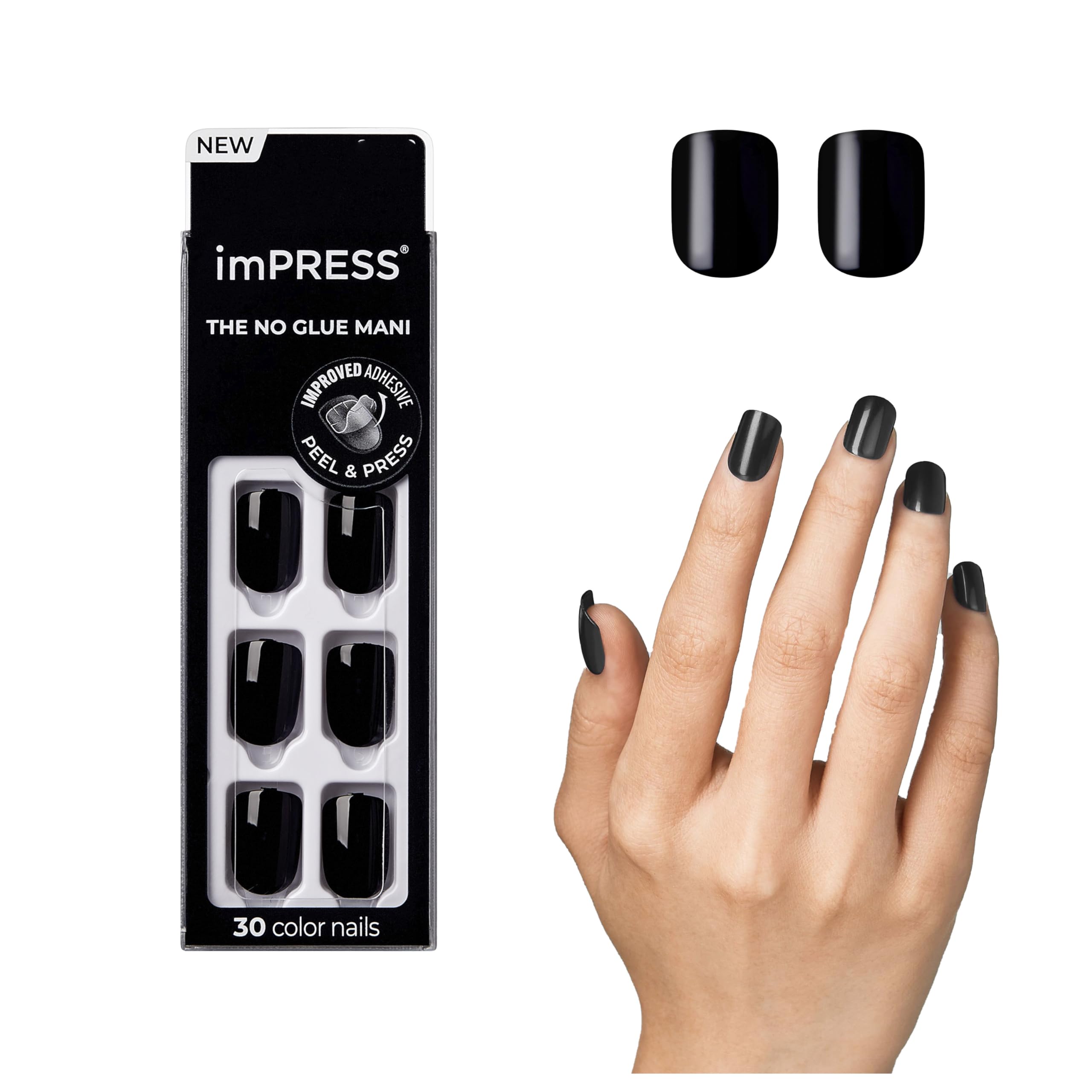 imPRESS KISS Color Press-On Nails, Gel Nail Kit, PureFit Technology, Short Length, “All Black”, Polish-Free Solid Color Manicure, Includes Prep Pad, Mini Nail File, Cuticle Stick, and 30 Fake Nails