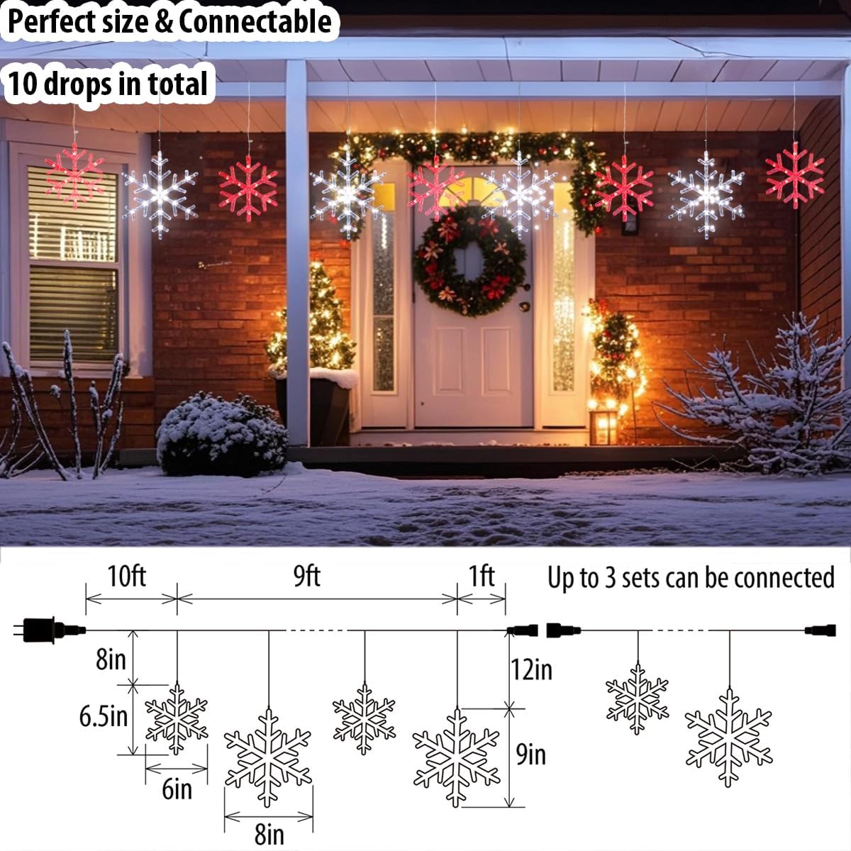 Christmas Snowflake Icicle Lights-9ft 150LED Twinkling Christmas Lights with Timer, Waterproof Connectable Hanging 10 Drop for Eave Window Porch Xmas Indoor Outdoor Decoration (Red and White)