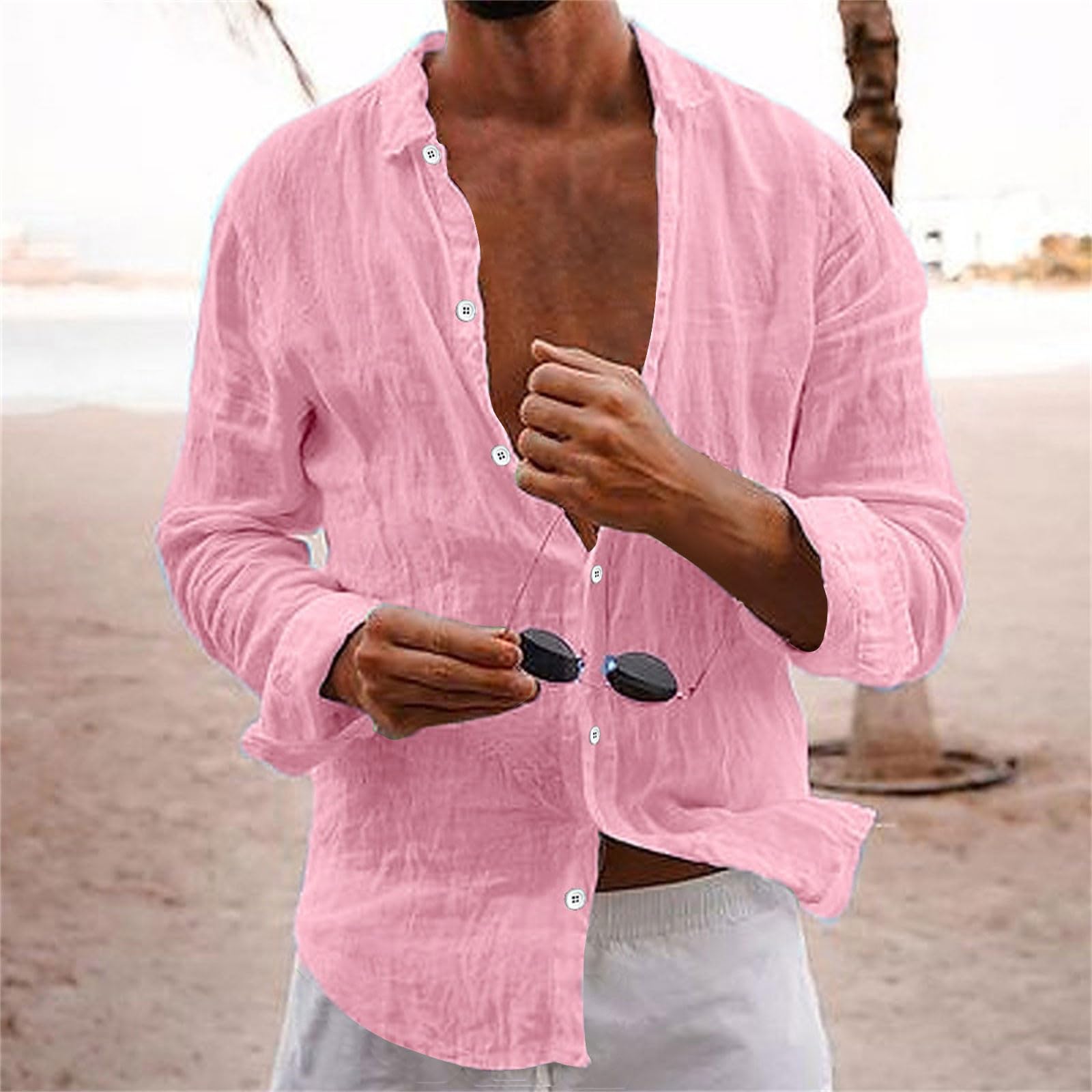 Men's Cotton Linen Long Sleeve Shirt V Neck Casual Button Down Blouse Solid Color Loose Tops Comfy Lightweight Tee Pink