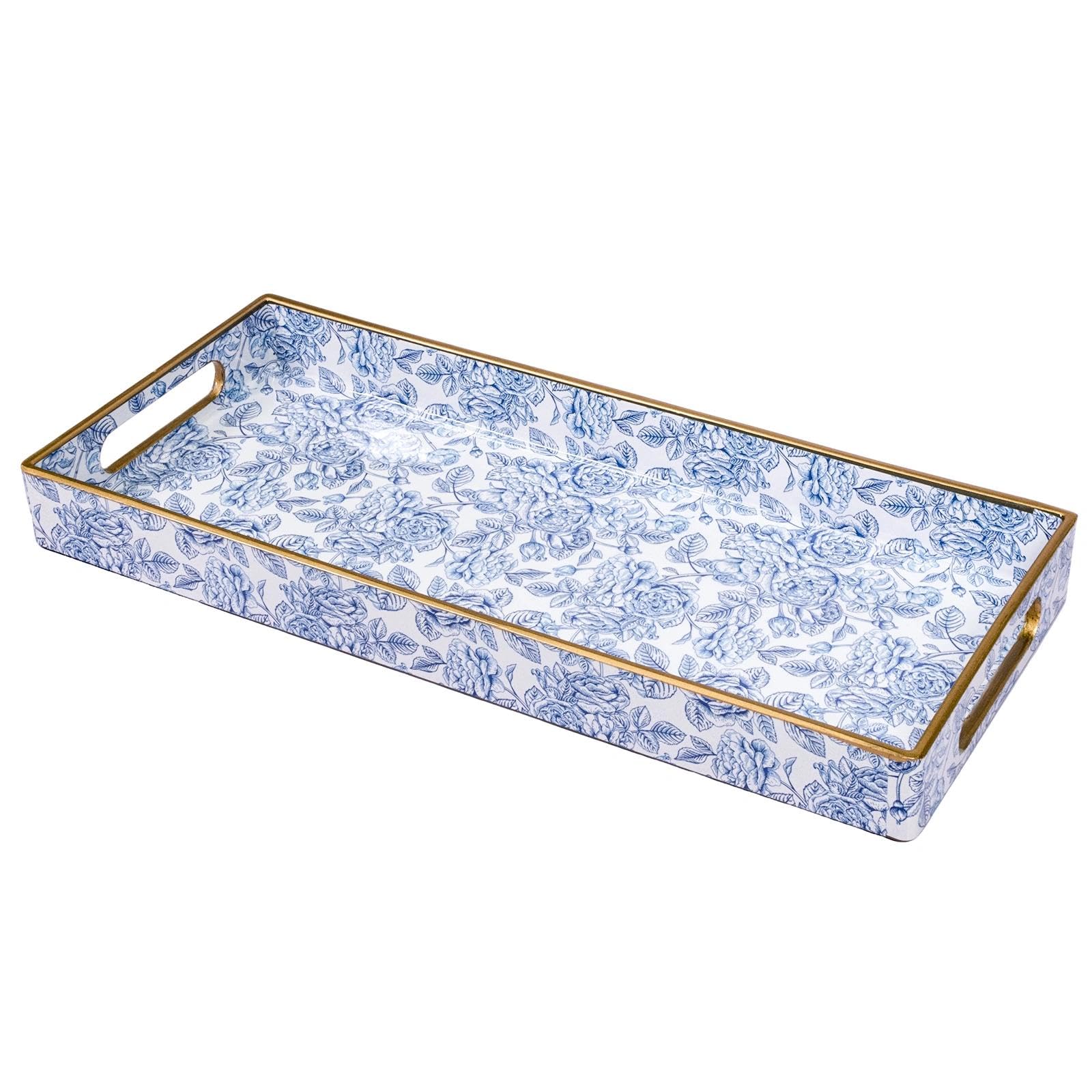 MAONAME Bandeja de tocador de plástico, bandeja estrecha para encimera de baño, bandejas decorativas azules con asas, organizador de bandejas de tocador para tanque de inodoro, joyas, maquillaje, 13.8