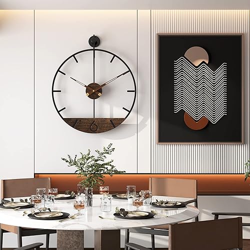 Miniatura 5 de DAYDAYART Reloj de pared moderno con esfera de nogal de madera, gran decoración de pared simple, marco de metal, reloj silencioso sin tictac para