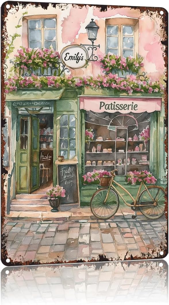 Póster vintage de panadería francesa, divertido letrero de metal pastel para habitación de niñas, pastelería francesa de acuarela de París,
